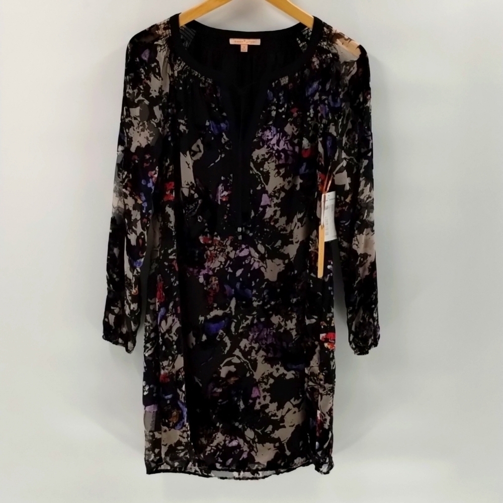 Gibson Latimer Mini Dress Black Velvet & Sheer Chiffon Multi Long Sleeve Lined S